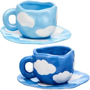 cloud ceramic coffee mug with saucer set, cute creative cup unique irregular design for office and home, dishwasher and microwave safe, 10 oz/ 300 ml for latte tea milk, blue sky and white clouds