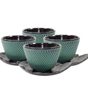 4 Green Leaf Teacup Saucer+4 Dark Blue Polka Dot Hobnail Japanese Cast Iron Tea Cup Teacup