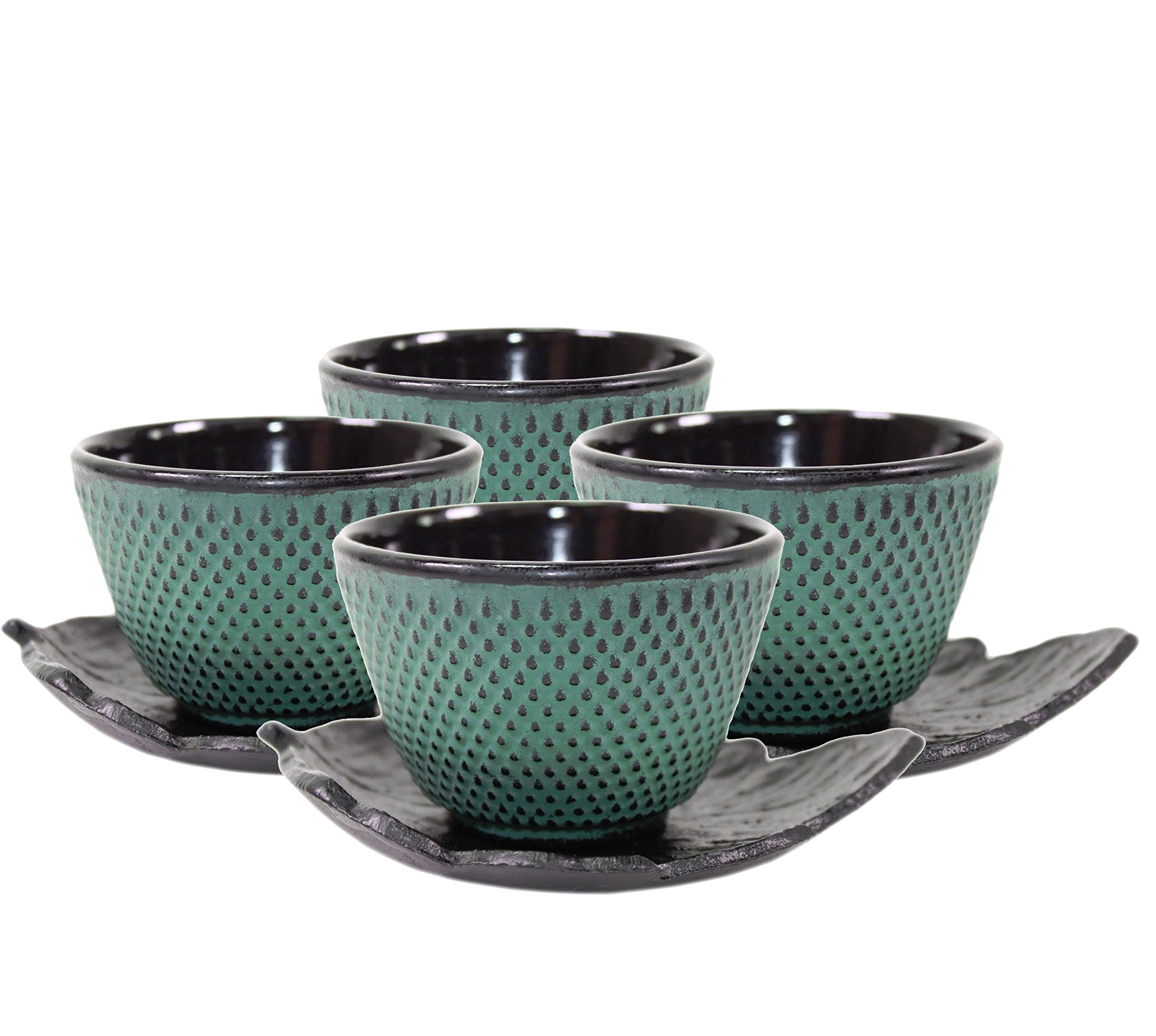 4 Green Leaf Teacup Saucer+4 Dark Blue Polka Dot Hobnail Japanese Cast Iron Tea Cup Teacup