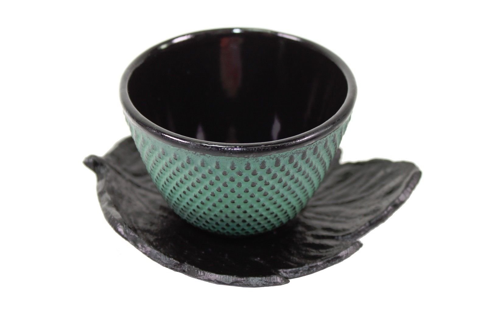 4 Green Leaf Teacup Saucer+4 Dark Blue Polka Dot Hobnail Japanese Cast Iron Tea Cup Teacup