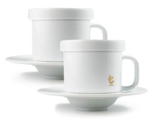 dilmah, tea mug, saucer, and lid, fine porcelain, t-series collection, gold monogram, coffee or tea service, 3 piece set, 10 oz. volume, pack of 2