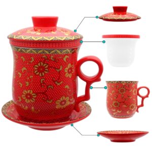 ameolela porcelain tea cup with infuser lid and saucer sets - chinese jingdezhen ceramics coffee mug teacup loose leaf tea brewing system for home office