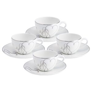 mikasa love story platinum banded teacup and saucer set, set of 4, 9.6-ounce, white