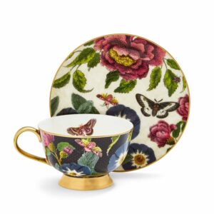 spode creatures of curiosity collection coupe teacup and saucer set, black floral mug and white floral saucer, gold rim, 6.7 oz, made of fine china, specialty coffee drinks, lattes, and tea
