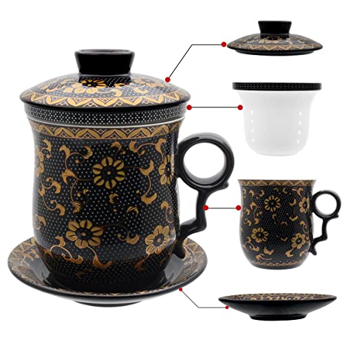 Tea Talent Porcelain Tea Cup with Infuser Lid and Saucer Sets - Chinese Jingdezhen Ceramics Coffee Mug Teacup Loose Leaf Tea Brewing System for Home Office