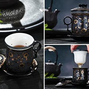 Tea Talent Porcelain Tea Cup with Infuser Lid and Saucer Sets - Chinese Jingdezhen Ceramics Coffee Mug Teacup Loose Leaf Tea Brewing System for Home Office