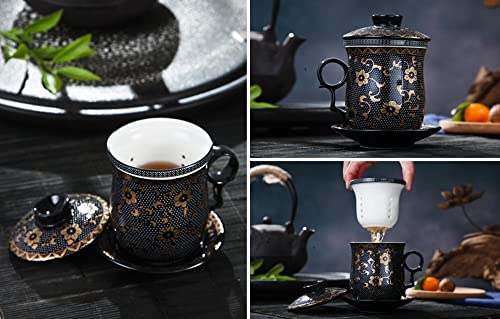 Tea Talent Porcelain Tea Cup with Infuser Lid and Saucer Sets - Chinese Jingdezhen Ceramics Coffee Mug Teacup Loose Leaf Tea Brewing System for Home Office