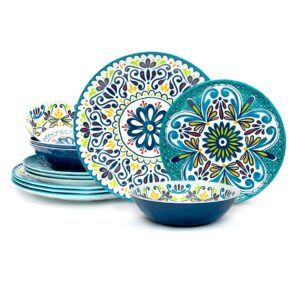 zak designs melamine dinnerware set, 12-piece, service for 4, medallion (cool)