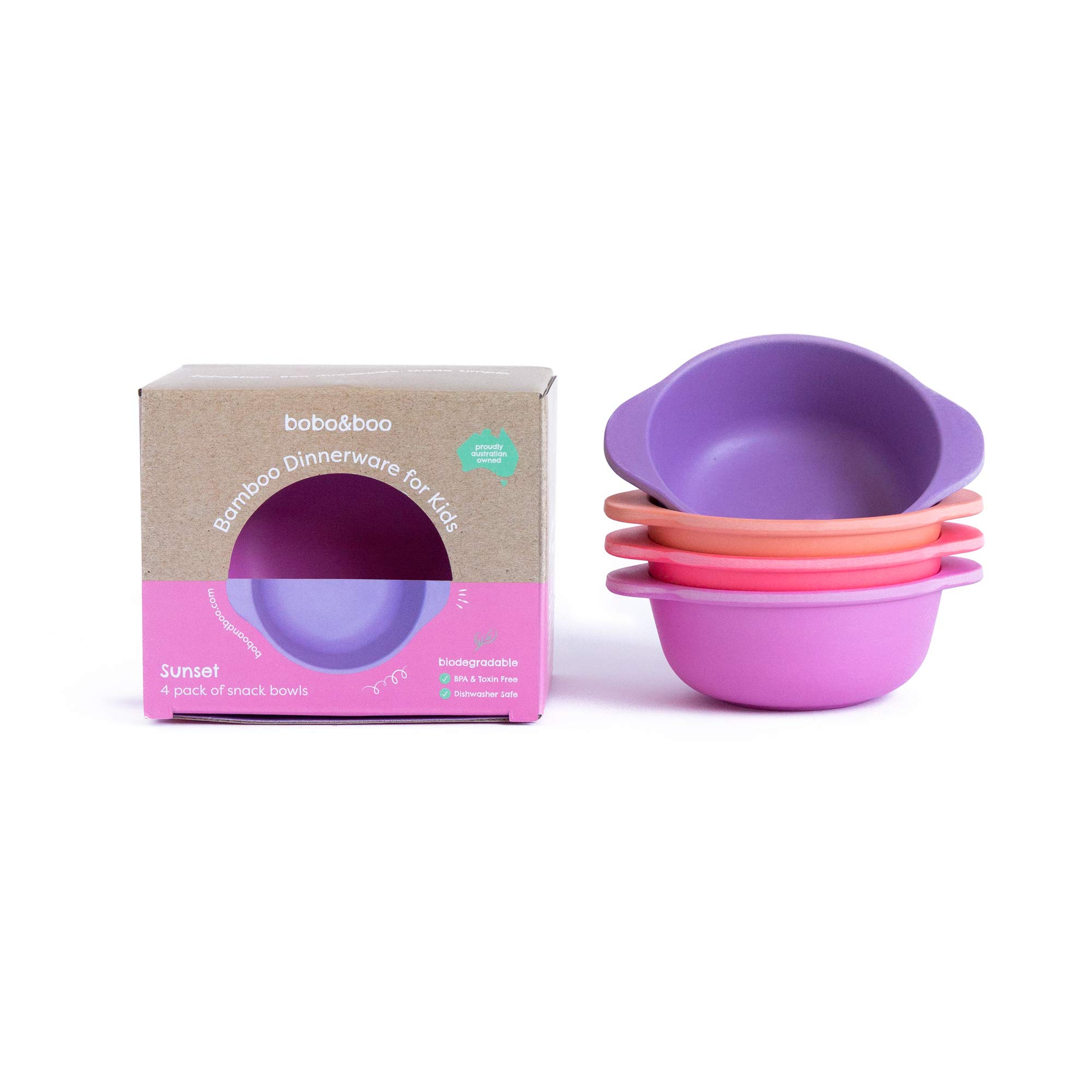 bobo&boo Bamboo Kids Snack Bowls, Set of 4 Bamboo Dishes, Non Toxic, Eco Friendly & Stackable Kids Snack Containers, Great Gift for Baby Showers, Birthdays & Preschool Graduations, Sunset