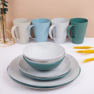 Supernal 32pcs Wheat Straw Dinnerware Sets,Dinnerware Sets for 8,Reusable Tableware Set,Irregular Plastic Plates, Microwave Dishwasher Safe,Unbreakable Dinnerware,16 Plates, 8 Bowls, 8 Cups