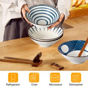 Geiserailie Ceramic Ramen Bowl, 40 oz Japanese Large Noodle Bowls with Spoons, Chopsticks and Chopsticks Stand for Udon, Soba, Pho, Noodles, Ramen, Salad and Soup, Set of 4 (Retro Style)