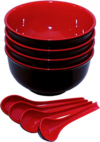 Calvin & Co Set of 4 Melamine Miso Soup Cereal Bowls and Spoons (Red & Black, Large)