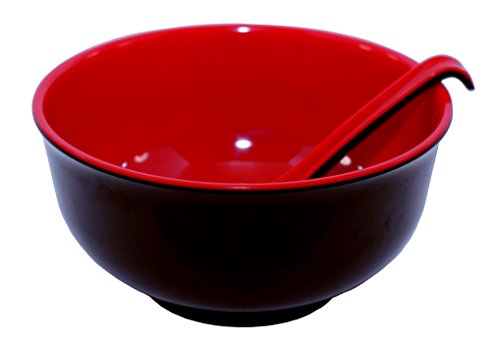 Calvin & Co Set of 4 Melamine Miso Soup Cereal Bowls and Spoons (Red & Black, Large)