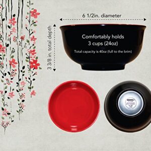 Calvin & Co Set of 4 Melamine Miso Soup Cereal Bowls and Spoons (Red & Black, Large)