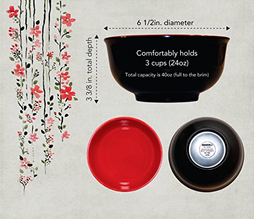 Calvin & Co Set of 4 Melamine Miso Soup Cereal Bowls and Spoons (Red & Black, Large)