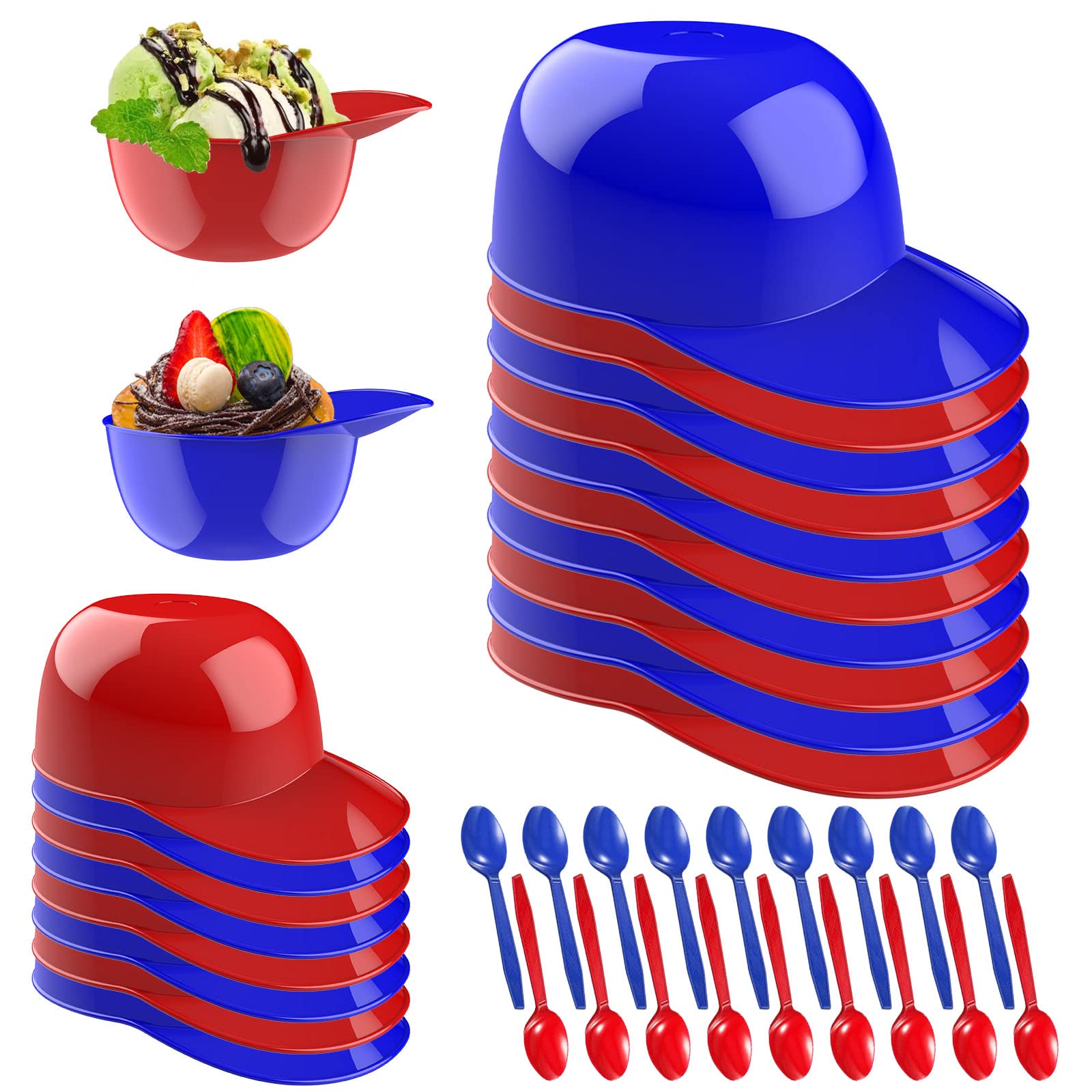 18 Pcs Baseball Helmet Ice Cream Snack Bowl Disposable Taster Spoons 8 oz Mini Cap Bowls Kids Chip Cups for Party Supplies (Blue, Red), 5.31 x 3.35 inches