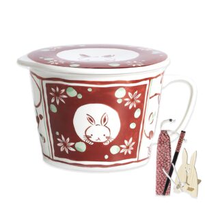 topwck sturdy large fun ceramic japanese hand drawing anime cute bunny and flora microwavable ramen noodle bowl with lid and handle set with chopsticks and fingerchopstick and phone holder