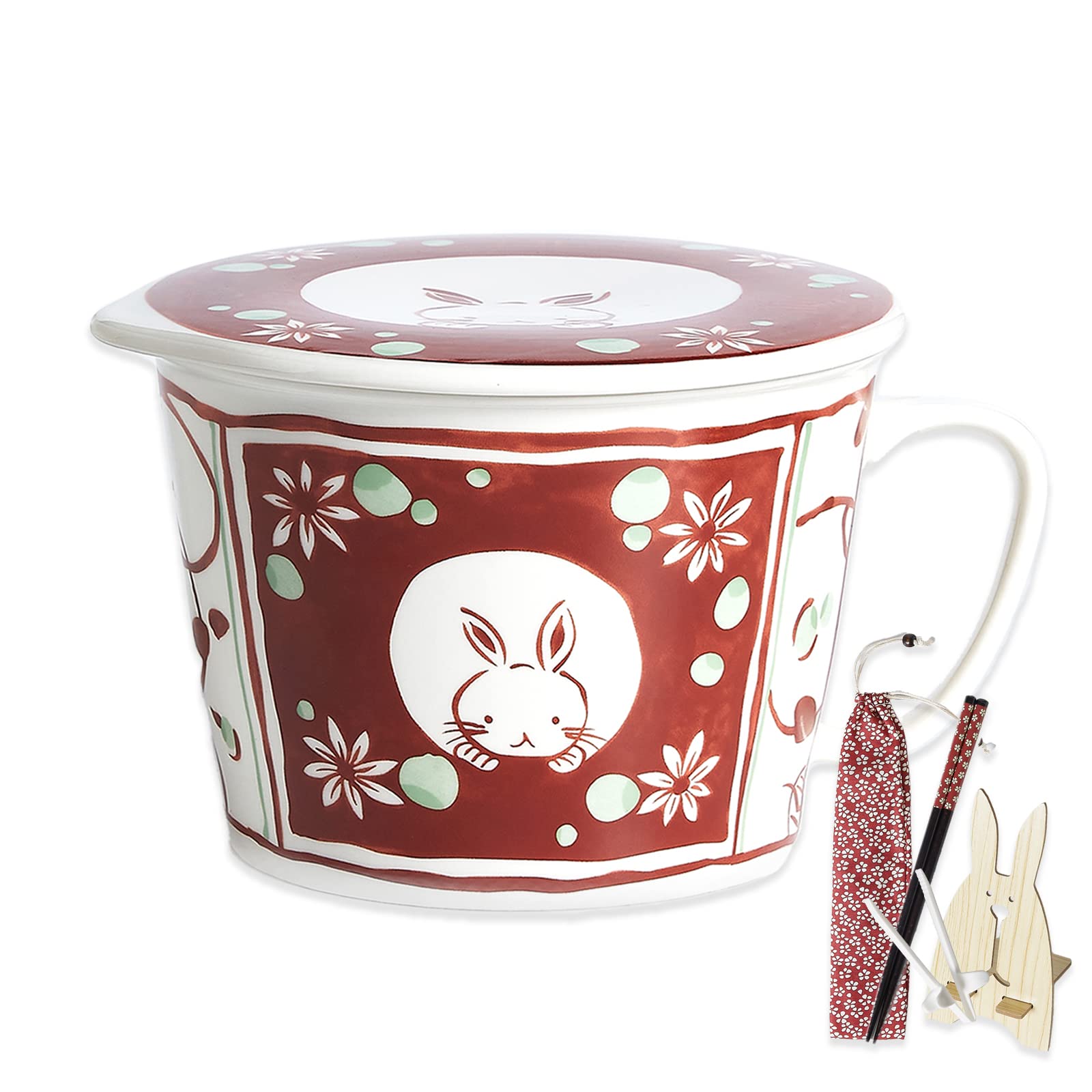 TOPWCK Sturdy Large Fun Ceramic Japanese Hand Drawing Anime Cute Bunny and Flora Microwavable Ramen Noodle Bowl with Lid and Handle Set with Chopsticks and Fingerchopstick and Phone Holder