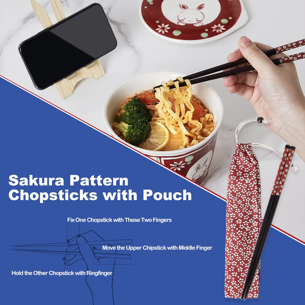 TOPWCK Sturdy Large Fun Ceramic Japanese Hand Drawing Anime Cute Bunny and Flora Microwavable Ramen Noodle Bowl with Lid and Handle Set with Chopsticks and Fingerchopstick and Phone Holder