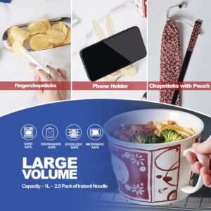 TOPWCK Sturdy Large Fun Ceramic Japanese Hand Drawing Anime Cute Bunny and Flora Microwavable Ramen Noodle Bowl with Lid and Handle Set with Chopsticks and Fingerchopstick and Phone Holder