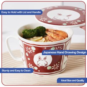 TOPWCK Sturdy Large Fun Ceramic Japanese Hand Drawing Anime Cute Bunny and Flora Microwavable Ramen Noodle Bowl with Lid and Handle Set with Chopsticks and Fingerchopstick and Phone Holder