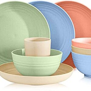 GATO Wheat Straw Dinnerware Sets (12pcs) - Microwave Safe, Eco-Friendly & Reusable Dinnerware Set for Kids, Adults - Includes Unbreakable, Dishwasher Safe Plates, Bowls, & Cups - Multicolor Design