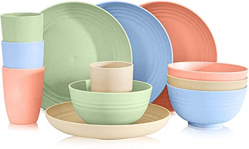 GATO Wheat Straw Dinnerware Sets (12pcs) - Microwave Safe, Eco-Friendly & Reusable Dinnerware Set for Kids, Adults - Includes Unbreakable, Dishwasher Safe Plates, Bowls, & Cups - Multicolor Design