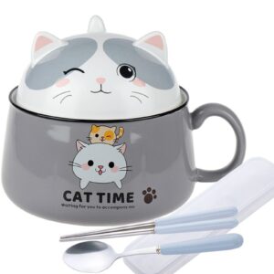 ramen bowl with lid, cute cat instant noodle bowl, 34.5 oz ramen cooker with chopsticks and spoon, bowl with handle for soup, salad, cereal, pasta, dessert (grey)