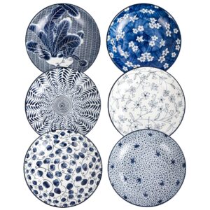 swuut ceramic salad bowls,blue and white pasta bowls set of 6,8 inch floral dinner shallow bowl (8 inch x 6pcs)