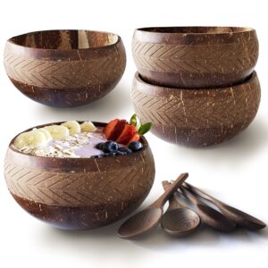 nayomi coconut bowls with spoons - artisan handmade designs on coconut bowl set of 4 for acai bowls, buddha bowls, smoothie bowls and spoons. eco-friendly and vegan coconut shell bowls