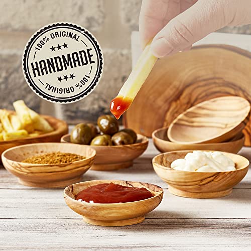 Crystalia Olive Wood Mini Bowls Set of 6, Round Small Size Wooden Serving Cups for Condiments Nuts Food Sauce & Seasoning, Natural Handmade Side Dishes, Decorative Charcuterie Wooden Dipping Bowls