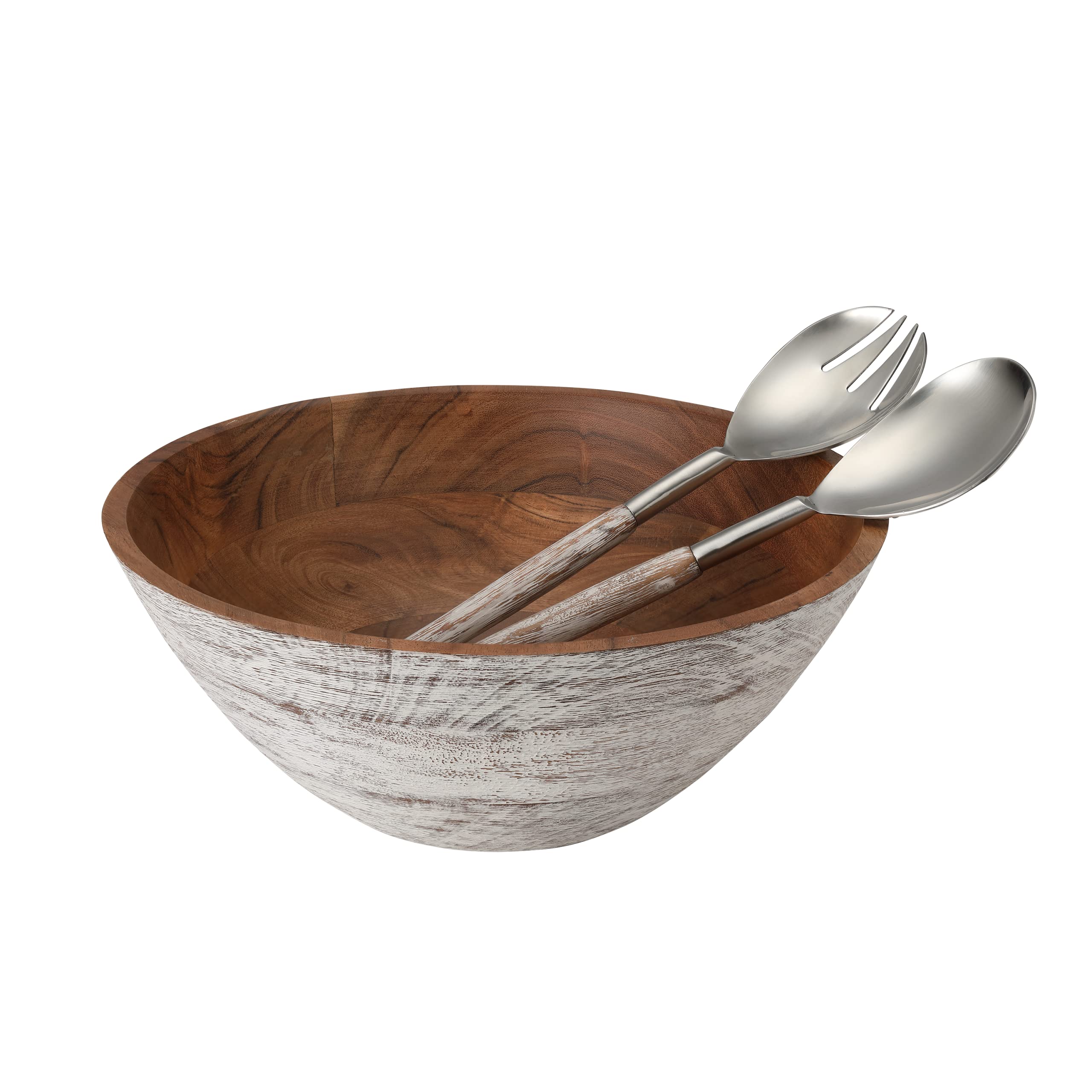 Folkulture Salad Bowl or Wooden Bowls with Matching Servers, Wooden Salad Bowl or Large Bowl in 3 Colors, 12" D x 5" H, Acacia Wood, Wood Bowl or Large Bowl, Wooden Salad Bowl Set, Whitewash