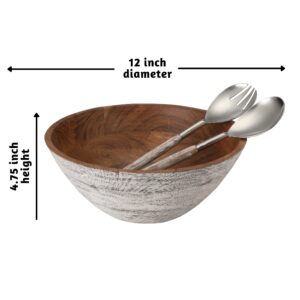 Folkulture Salad Bowl or Wooden Bowls with Matching Servers, Wooden Salad Bowl or Large Bowl in 3 Colors, 12" D x 5" H, Acacia Wood, Wood Bowl or Large Bowl, Wooden Salad Bowl Set, Whitewash