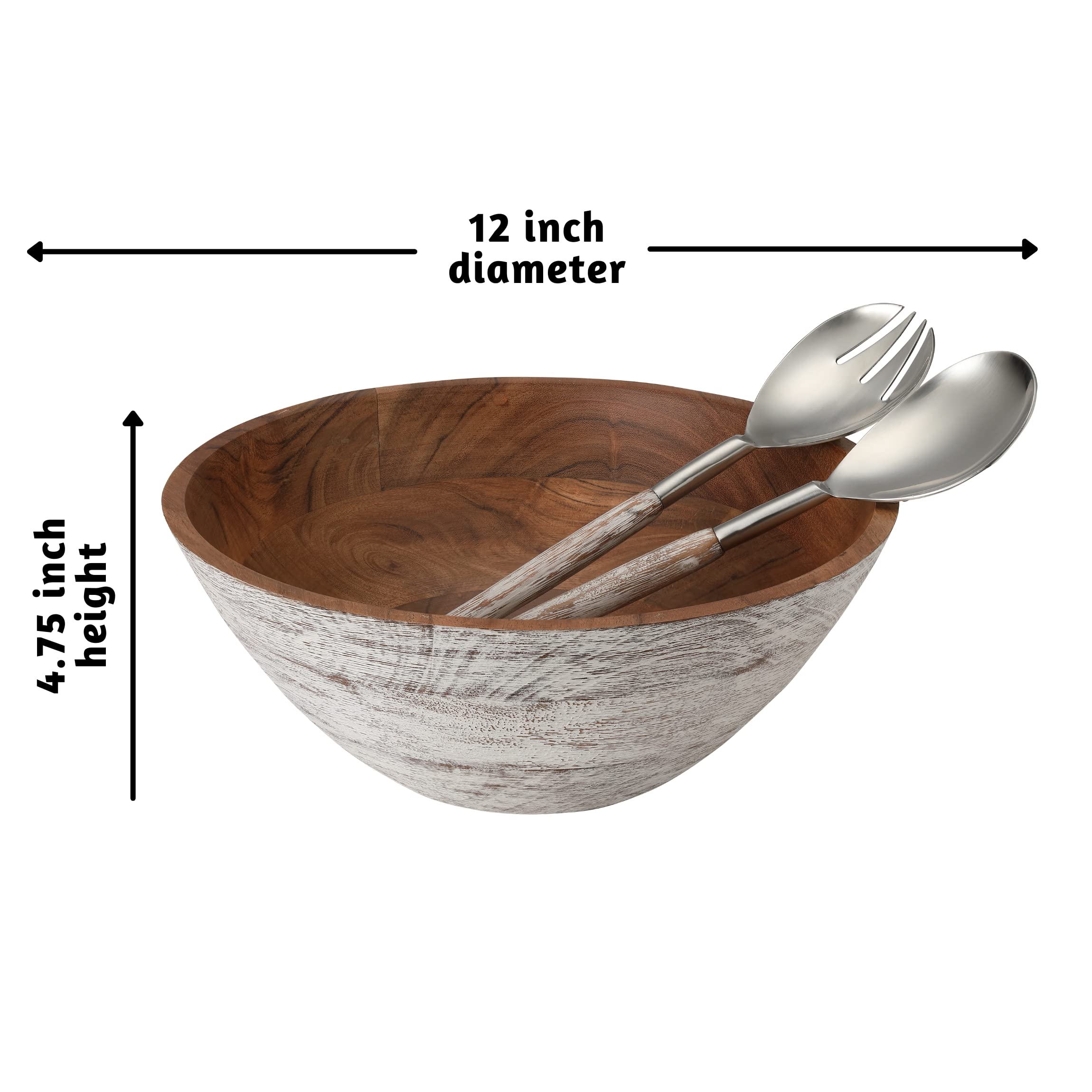 Folkulture Salad Bowl or Wooden Bowls with Matching Servers, Wooden Salad Bowl or Large Bowl in 3 Colors, 12" D x 5" H, Acacia Wood, Wood Bowl or Large Bowl, Wooden Salad Bowl Set, Whitewash