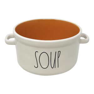 rae dunn ceramic serving bowl (3.5" in h x 6" in diameter, soup/white/orange interior)