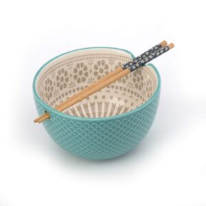 signature housewares pad print noodle bowl with chopsticks, 26oz, pp11 aqua/taupe