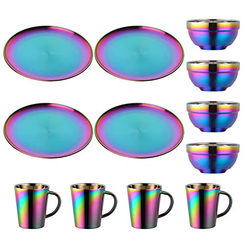 Plate and Bowl Sets, Stainless Steel Rainbow Dishes Bowls Mugs Kitchen Dinnerware Set Service for 4 (Rainbow, 9 inch plate/5.1 inch bowl/cups)