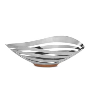 nambe - pulse collection - bread & fruit bowl - measures at 16.25" x 8.5" x 5.5" - made with acacia wood and stainless steel - designed by sena & seidenfaden design