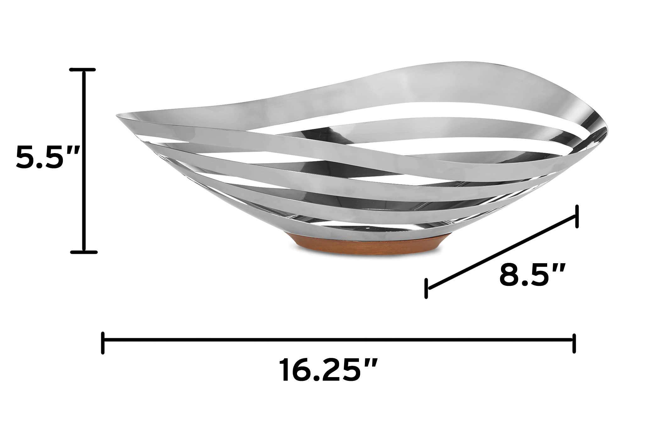 Nambe - Pulse Collection - Bread & Fruit Bowl - Measures at 16.25" x 8.5" x 5.5" - Made with Acacia Wood and Stainless Steel - Designed by Sena & Seidenfaden Design