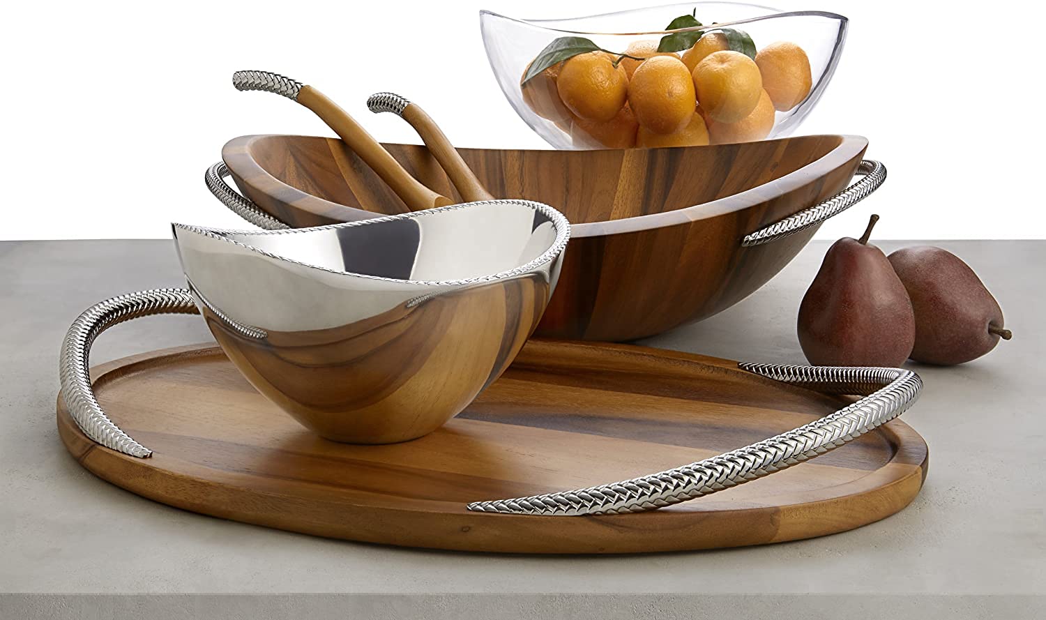 Nambe - Pulse Collection - Bread & Fruit Bowl - Measures at 16.25" x 8.5" x 5.5" - Made with Acacia Wood and Stainless Steel - Designed by Sena & Seidenfaden Design