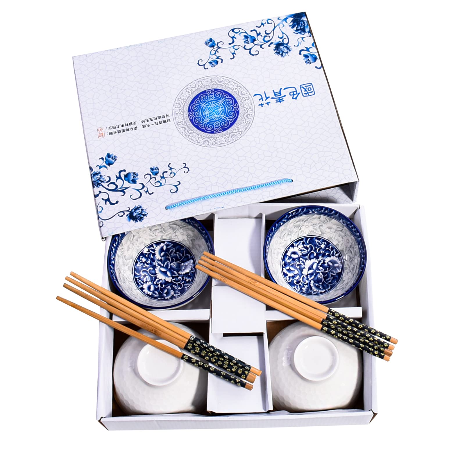 Chinese Bowls and Chopsticks Set of 4 for Rice Soup, Ceramic Rice Bowls, Blue and White Porcelain Cereal Bowls with Delicate Box As a Gift