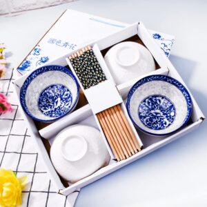 Chinese Bowls and Chopsticks Set of 4 for Rice Soup, Ceramic Rice Bowls, Blue and White Porcelain Cereal Bowls with Delicate Box As a Gift