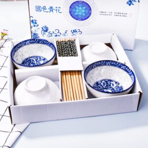 Chinese Bowls and Chopsticks Set of 4 for Rice Soup, Ceramic Rice Bowls, Blue and White Porcelain Cereal Bowls with Delicate Box As a Gift