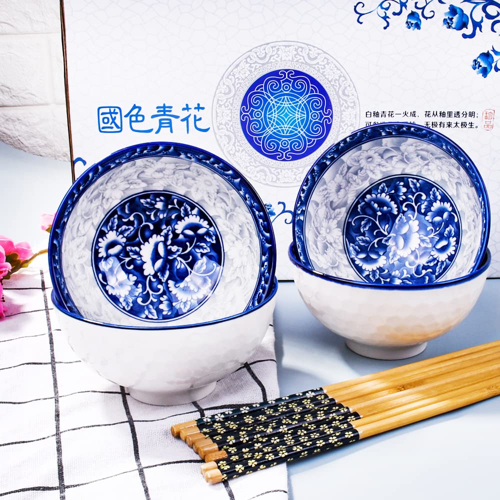 Chinese Bowls and Chopsticks Set of 4 for Rice Soup, Ceramic Rice Bowls, Blue and White Porcelain Cereal Bowls with Delicate Box As a Gift