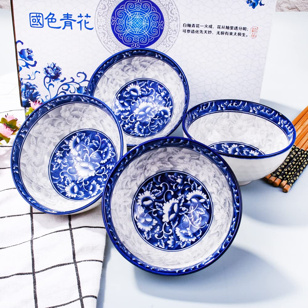 Chinese Bowls and Chopsticks Set of 4 for Rice Soup, Ceramic Rice Bowls, Blue and White Porcelain Cereal Bowls with Delicate Box As a Gift