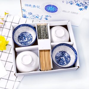 Chinese Bowls and Chopsticks Set of 4 for Rice Soup, Ceramic Rice Bowls, Blue and White Porcelain Cereal Bowls with Delicate Box As a Gift