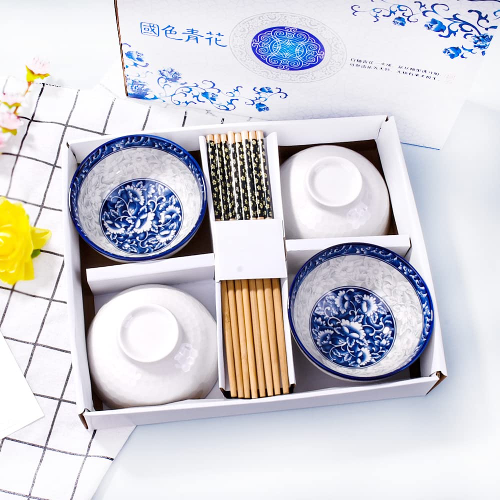 Chinese Bowls and Chopsticks Set of 4 for Rice Soup, Ceramic Rice Bowls, Blue and White Porcelain Cereal Bowls with Delicate Box As a Gift