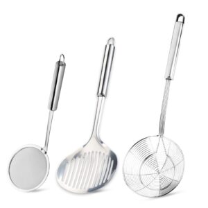 tenta tenta kitchen solid stainless steel spider strainer skimmer ladle for cooking and frying, kitchen utensils wire strainer pasta strainer spoon hot pot fat skimmer spoon set of 3