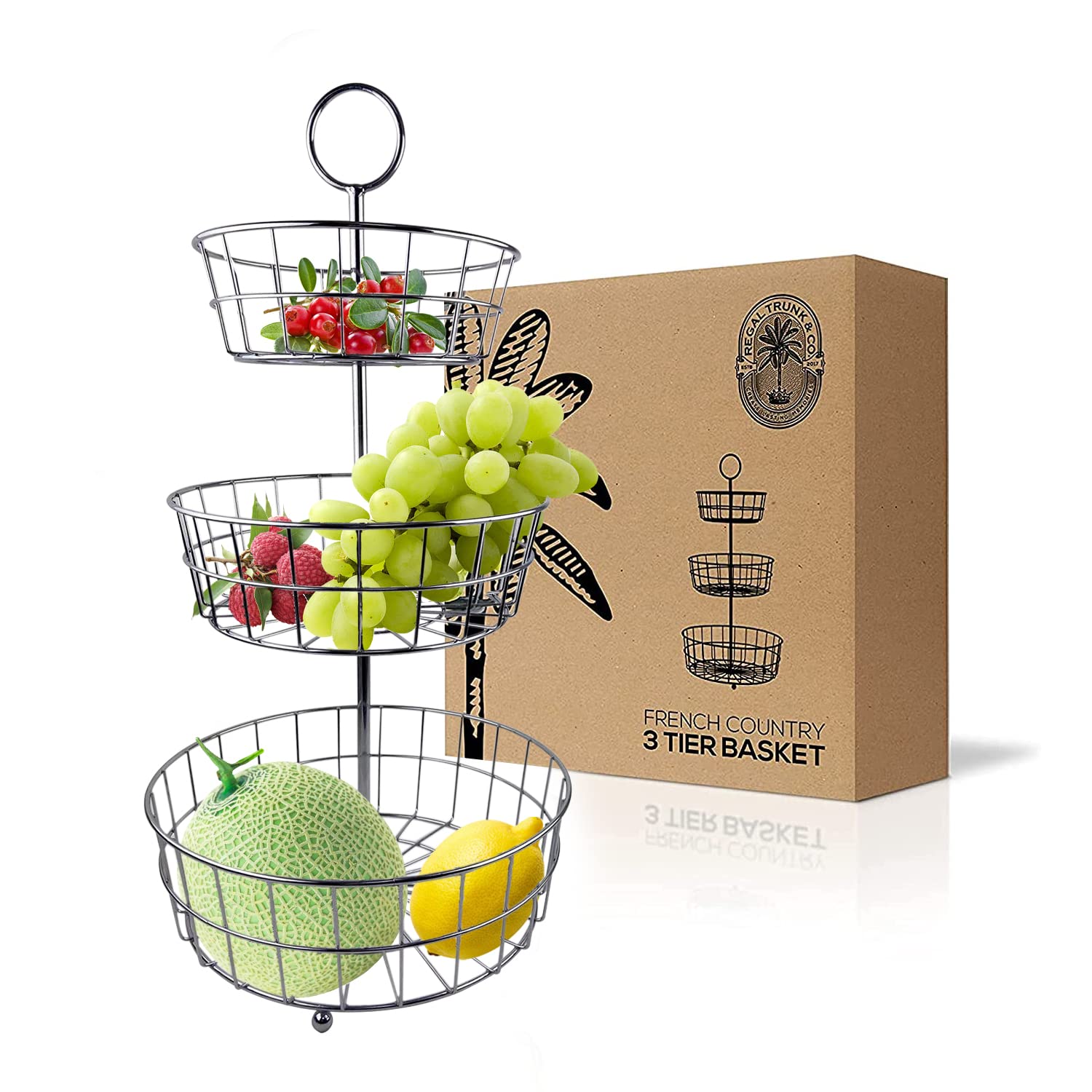 3 Tier Fruit Basket Regal trunk & Co, Elegant French Country Wire Baskets, Three Tiered Wire Basket Stand for Vegetables, Bread & More for Countertop or Hanging, Christmas or Birthday Present