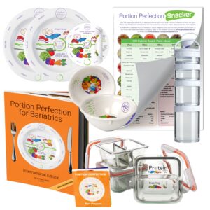 bariatric portion control plates bowls porcelain 8 inch and with clear instruction book, meal prep/lunchbox borosilicate glass containers and 100 cal snack containers for post-surgery, gastric sleeve